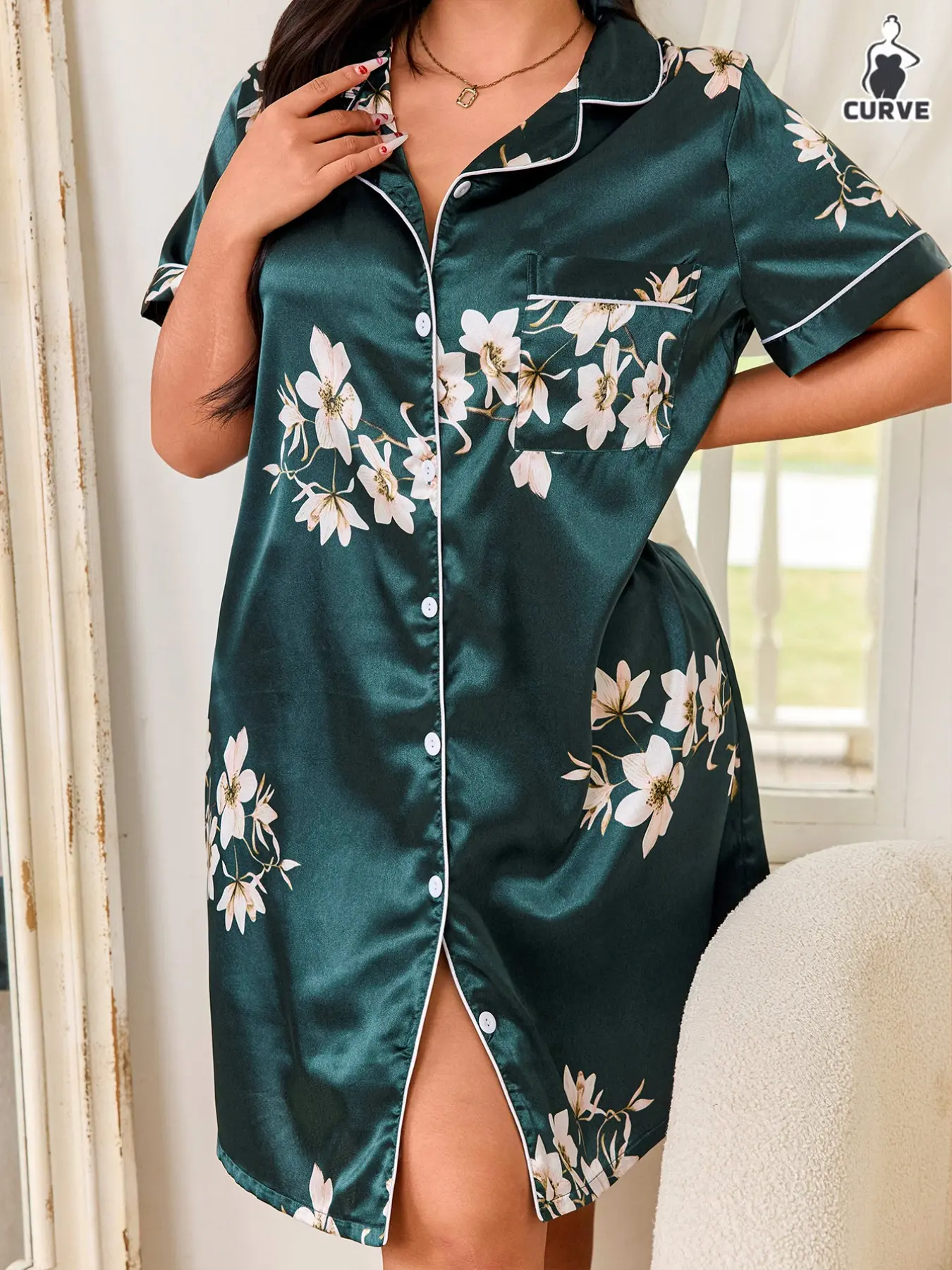 Elegant Chic Plus Size Women's Silk Sleepwear Sleep Dress Floral Print Short Sleeve Collared Button Front Loungewear, Soft Sleepwear Loungewear Loose-Fitting Homewear for Outdoor Use Pjs, Pajama Dress Nighty Dress, Sleepwear Homewear Clothes