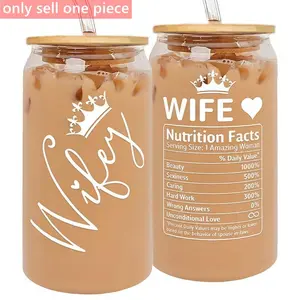 16oz Glass Jar with Straw & Straw Brush, 1 Count Clear Letter Glass Jar, Gift for Wife, Birthday Gift, Drinkware