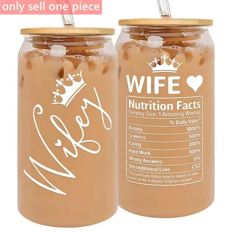 16oz Glass Jar with Straw & Straw Brush, 1 Count Clear Letter Glass Jar, Gift for Wife, Birthday Gift, Drinkware