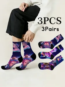 3 pairs of anime-themed K-POP cartoon devil girl group printed mid-calf socks, Casual, creative, fantasy, trendy, comfortable, warm, breathable, non-slip, unisex, suitable for everyday wear, sports, home, leisure, parties, and holiday gifts.