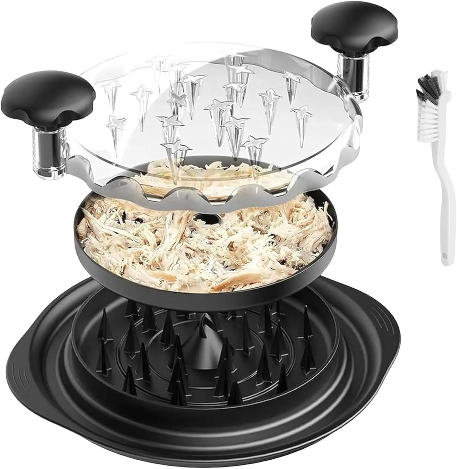 Stylish Large Chicken Breast Shredder Tool - Durable BPA-Free Kitchen Utensil, Flower-Shape Design with Lid, Anti-Slip Base, Cleaning Brush, Fork, Fast Shredding, Dishwasher Safe, Ideal for Meal Prep (Black)