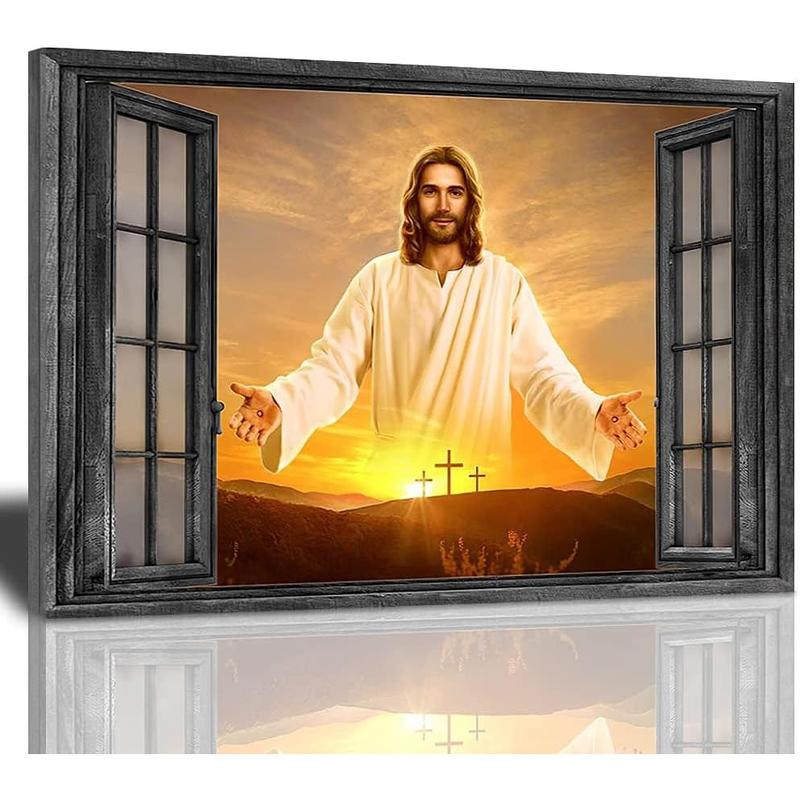 1 Count Jesus Christ Canvas Wall Art Jesus Greets You Welcome Back Window View Sunset Poster Christian Religious Modern Artwork Christ Spiritual Prints Framed Wall Decor For Bedroom Living Room 16x24inch