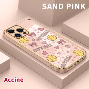 Luxury Electroplated Phone Case for iPhone 17 Pro Max Air 16 15 14 Plus 13 12 11 Softball Love Flair Pattern Soft TPU Silicone Ultra Slim cellphone Cover