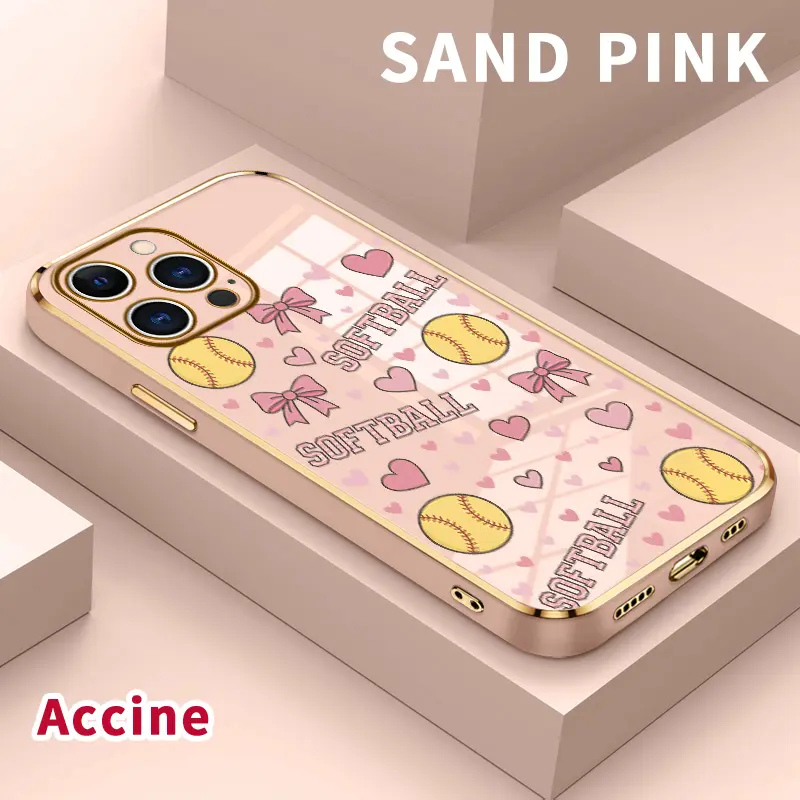 Luxury Electroplated Phone Case for iPhone 17 Pro Max Air 16 15 14 Plus 13 12 11 Softball Love Flair Pattern Soft TPU Silicone Ultra Slim cellphone Cover