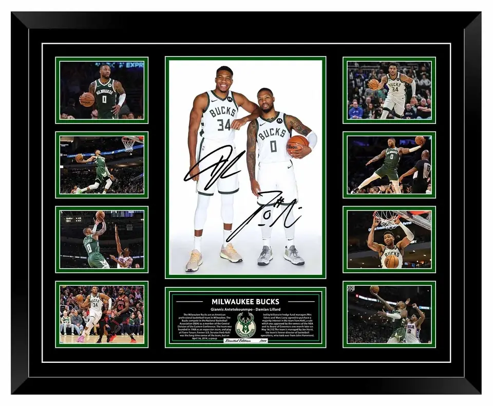 MILWAUKEE BUCKS GIANNIS UNFRAMED POSTER ANTETOKOUNMPO DAMIAN LILLARD SIGNED NBA MEMORABILIA