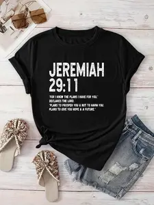 Creative Monogram  Women's Casual T-shirt  Jeremiah Scripture Print, Short-sleeved Round Neck, Spring and Summer, Machine Washable, New Clothing, Out of the Street Versatile