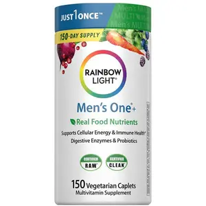 Rainbow Light Mens Multivitamin One + | 150 Caplets | Supports Cellular Energy & Immune Health | with Vitamins C, D, and Zinc | Real Food Nutrients, Digestive Enzymes & Probiotics