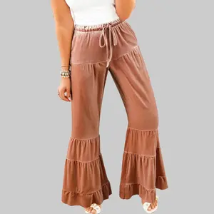 Straw Design Yellow Mineral Wash Lace-up High Waist Tiered Bell Bottom Pants