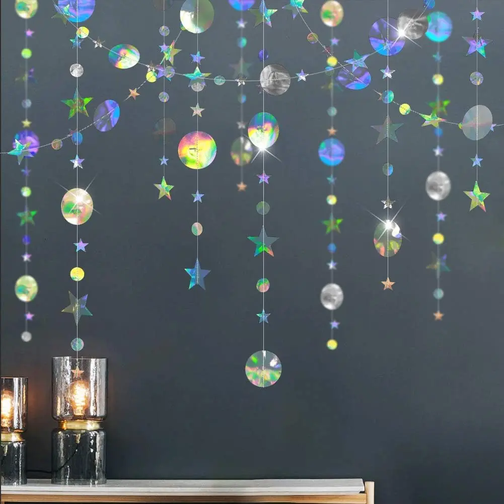 Iridescent  Garland Decorations Holographic Hanging Stars Moon Party Decoration Galaxy Birthday Streamer Ramadan Eid Banner  Shower Wedding Backdrop Space Alien Celestial Decor