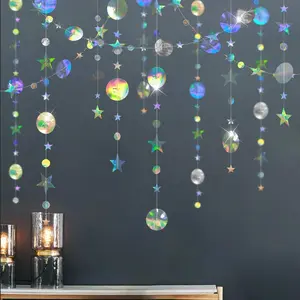 Iridescent  Garland Decorations Holographic Hanging Stars Moon Party Decoration Galaxy Birthday Streamer Ramadan Eid Banner  Shower Wedding Backdrop Space Alien Celestial Decor