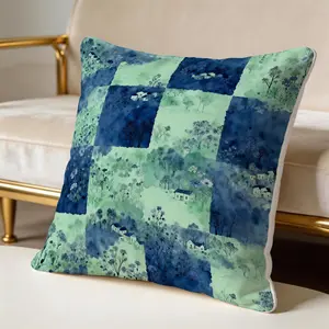 1 Piece Watercolor Landscape Checkered Throw Pillow, HD Digital Printed Cushion, Soft Cozy Accent Pillow for Sofa, Chair and Bedroom Decor with Invisible Zipper, Non-Fading