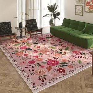 Pink Floral Rug Machine Washable Boho Carpet Non Slip Doormat Low Pile Flower Area Rugs for Living Room Bedroom Kitchen Dining Room Hallway Entryway Indoor 60*90cm