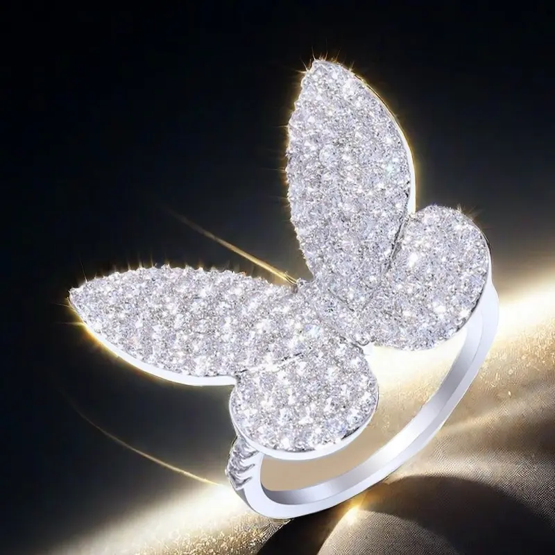 Wide Face Hip-hop Luxury Micro Paved Butterfly Cubic Zirconia Ring - For Brides, Engagement, Wedding & Anniversary - Birthstone Design Jewelry for Parties & Vacation - Valentine's Day, Christmas & Mother's Day Gift