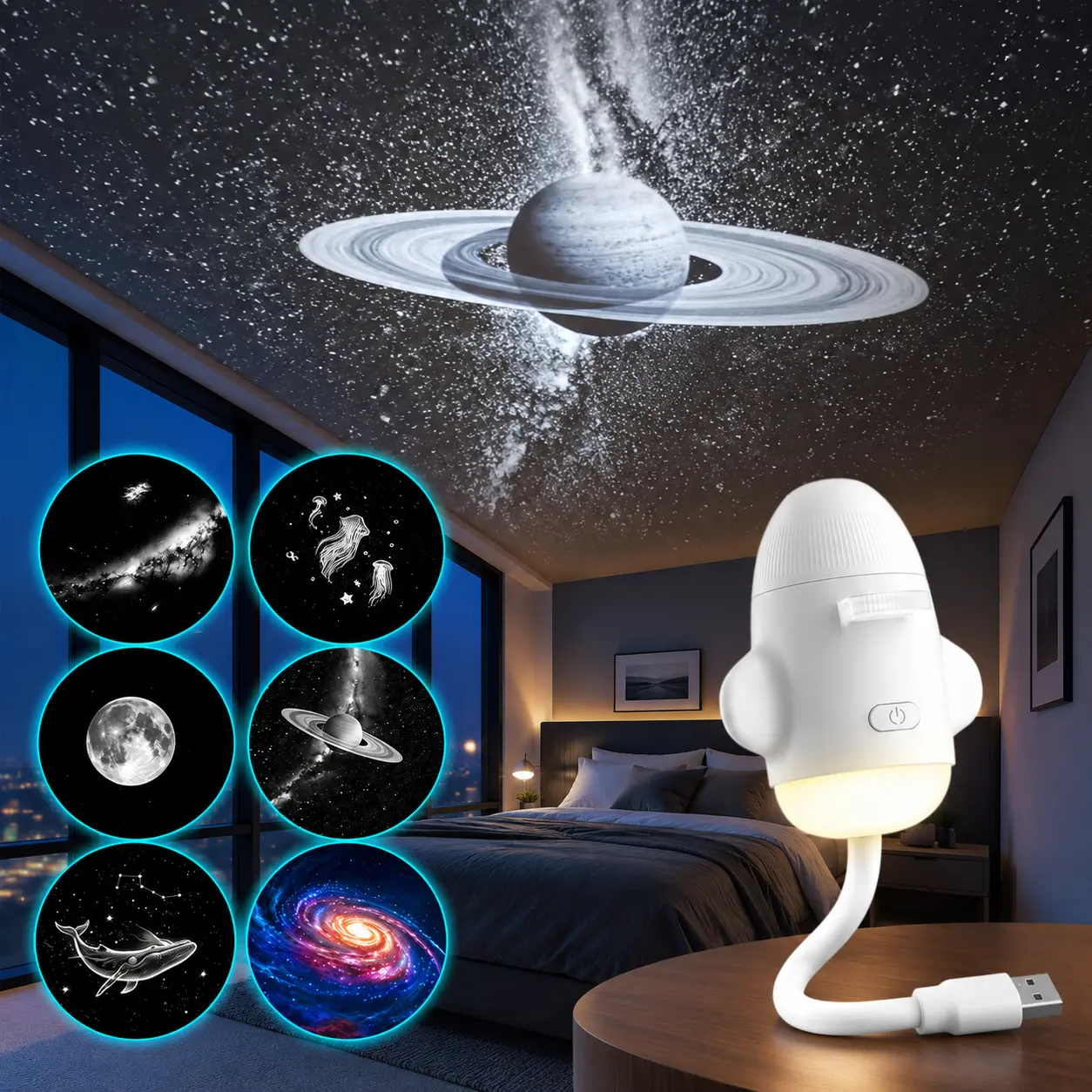 Starry Galaxy Projector Light, 3-in-1 Modern Portable PVC-Body Indoor Device, 6 Projection Films, 360° Adjustable Brightness, USB-Powered Eye-Caring LED Night Light for Adult Bedrooms - Ideal Gift