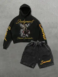 New Street Style Angel Graphic Print Hoodie + Washed Shorts Matching Set Outfit, Fitted Regular Length, Spring & Fall Fashion, Moderate Fabric Thickness Clothes, Menswear Top