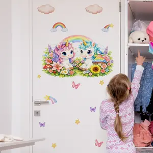 1Pc (30*60cm) Macaron Dreamy Unicorn Wall Sticker, Rainbow Butterfly Decal for Kids Bedroom Living Room Decor