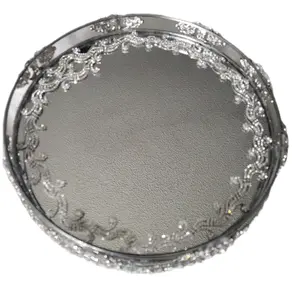 Ornate Silver Crystal Vanity Tray with Rhinestone Detailing - Round Mirrored Display Tray for Elegant Home Decor - Plates