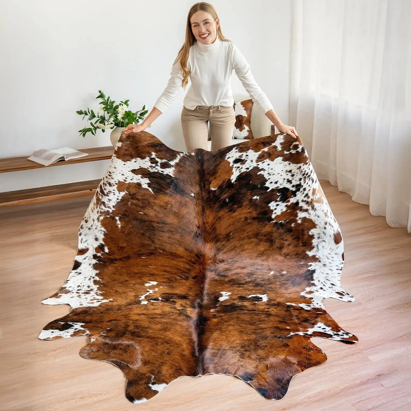 100% Genuine Tricolor Brindle Cowhide Rug – Extra Large Natural Animal Hide Carpet for Living Room, Bedroom, Office & Home Décor – Ecowhides