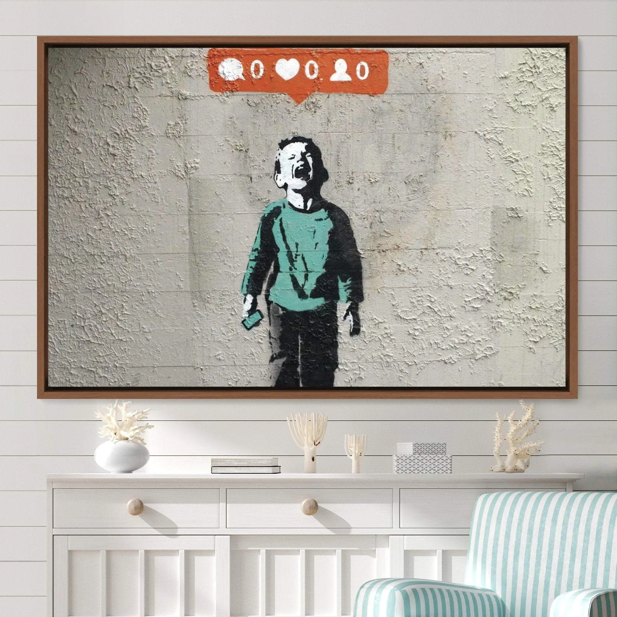 Banksy Kid Crying Over Social Media Graffiti and Street Art Illustrations Canvas Art Print, Frame Large Wall Art, Gift, Wall Decor