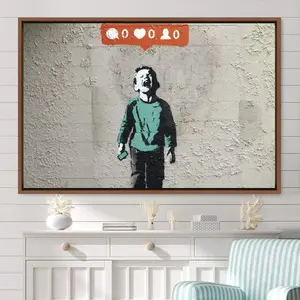 Banksy Kid Crying Over Social Media Graffiti and Street Art Illustrations Canvas Art Print, Frame Large Wall Art, Gift, Wall Decor