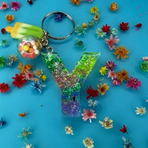 Resin Rainbow Keychain Letter "Y" with Gumball and Popsicle Charm Handmade Durable Glossy Unique Design for Keys Bags or Gifts