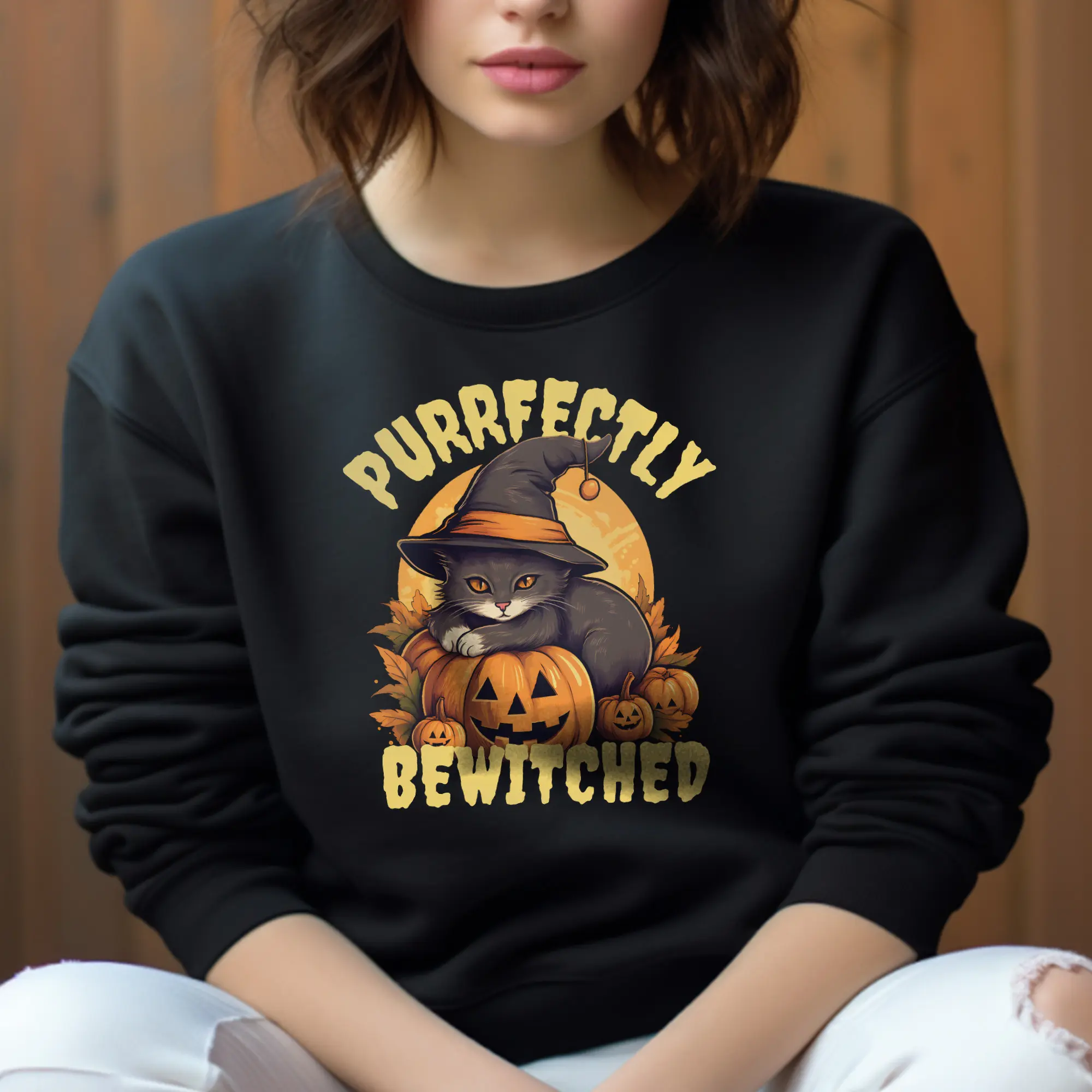 Bewitched Feline Sweatshirt, Halloween Cat Magic, Purrfectly Charmed, Witchy Warmth Sweatshirt
