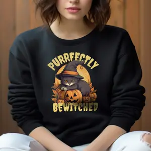 Bewitched Feline Sweatshirt, Halloween Cat Magic, Purrfectly Charmed, Witchy Warmth Sweatshirt
