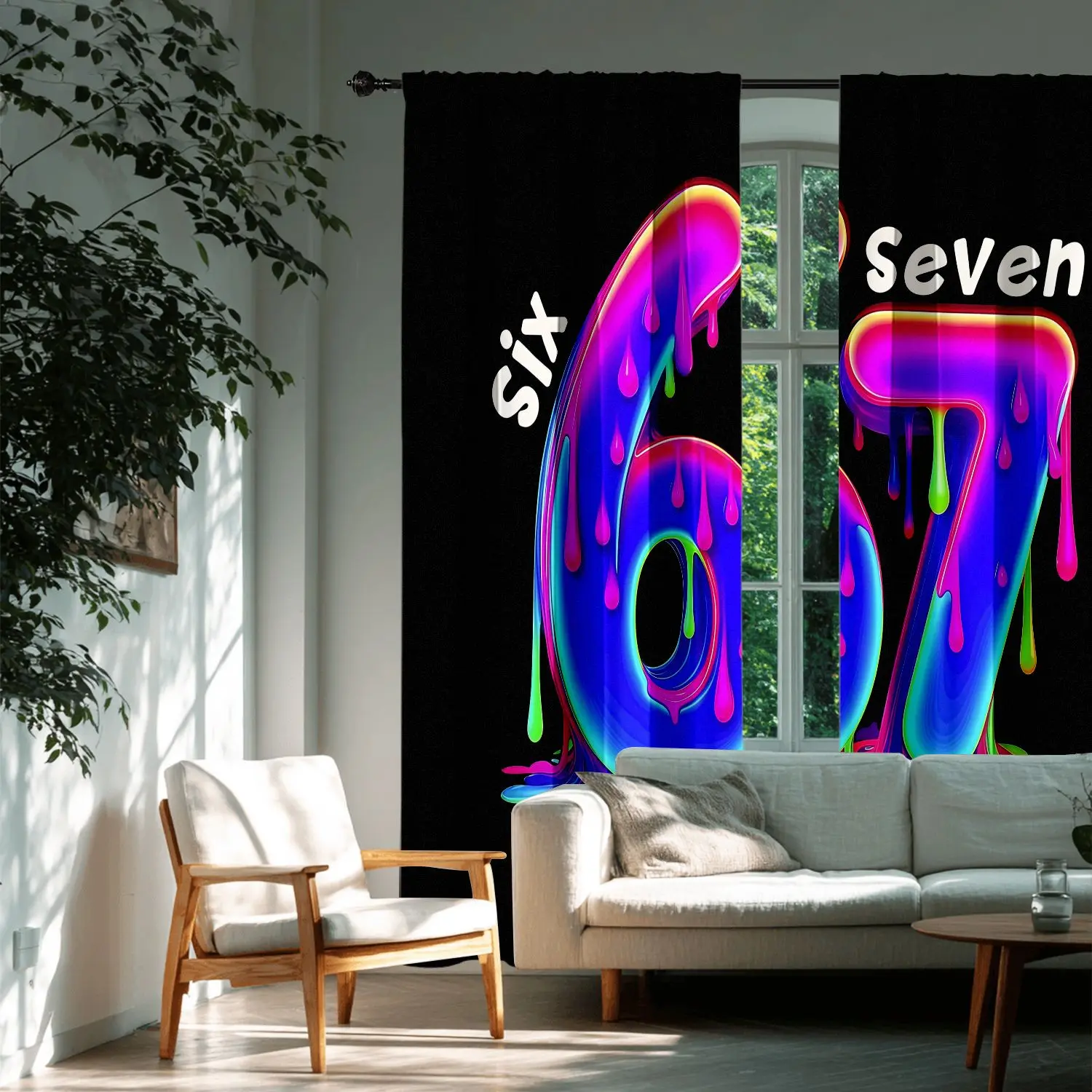 Neon Gradient Number 67 Background Birthday Curtains, Cool Fun Kids Room Decor Decoration, High Light Blocking Durable Fabric, 2pcs Set