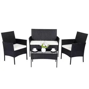 ZOPATICO 4 Piece Black Rattan & Beige Cushion Outdoor Patio Furniture Set Rattan Sofa with Chairs Cushions & Tables for Backyard Swimming Pool Garden Home Design Lounge Furniture Outdoor Furniture