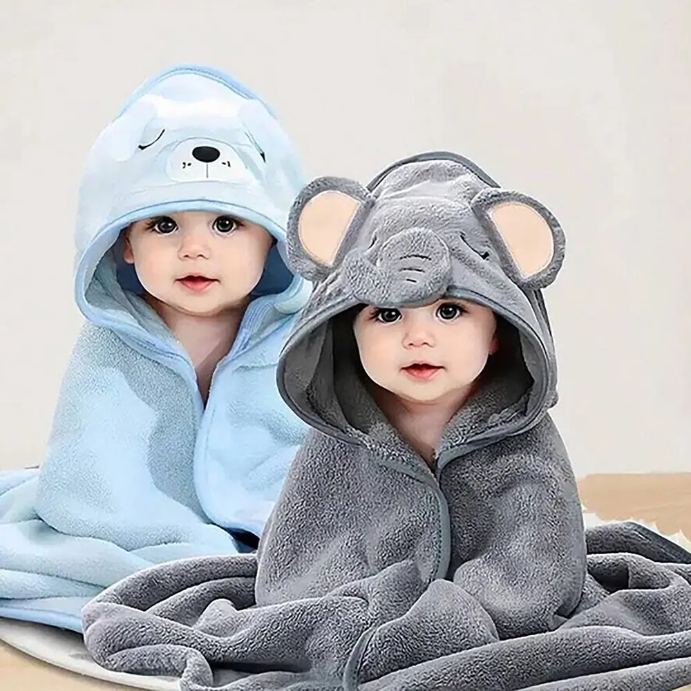 Baby Newborn Bath Towel Set, Neutral Animal Pattern Hooded Baby Wrap, Soft Coral Fleece Cartoon Bath Supplies, All Seasons Use, Hooded Bath Towels For Babies, Cute