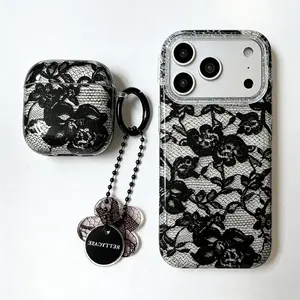 (Case & Nova.) Elegant Lace Floral Phone Case & AirPods Case Set, Compatible with iPhone 17 Pro Max, 16, 15, 14, 13, 12 & AirPods 4, 3, Pro 2, 1, Cute Shockproof Protective Cover with Charm junk Rustic Silicone designer