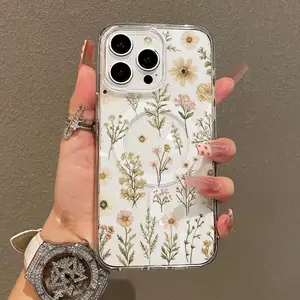 Magnetic Cellphone Casing - Neutral Toned Floral Design, Lightweight, Shockproof, Trendy Phone Accessory Compatible with Popular Handheld Devices