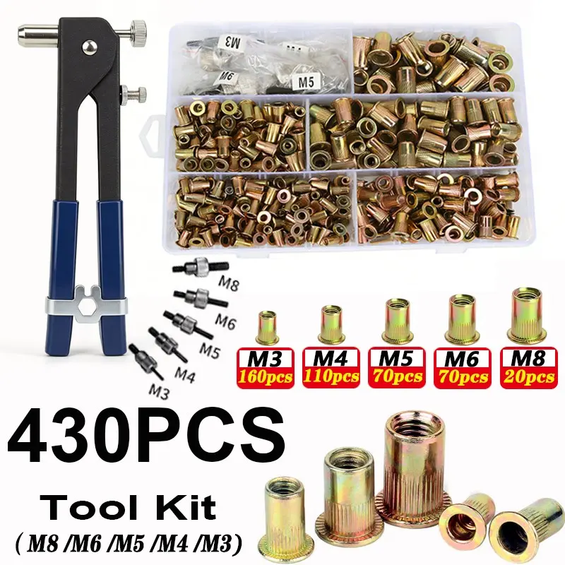 430pcs Rivet Nut Gun Core Kit M3/m4/m5/m6/m8, Repair Tool Set for Flat Head Screws Anti-Slip Nuts, Durable Hardware Maintenance Tools, Hand Tools