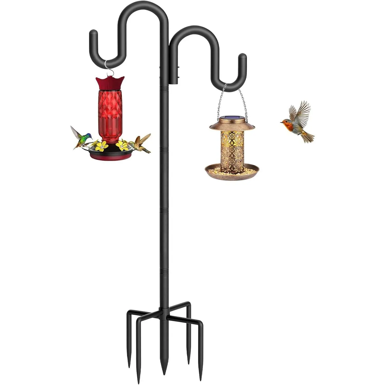 Double Shepherd Hook for Outdoor, 76" Heavy Duty Bird Feeder Pole with 5-Prong Base, Adjustable Thickened Shepherd Hook for Bird Feeder, Flower Baskets, Solar Lights, Lanterns, Black, 1 Pack