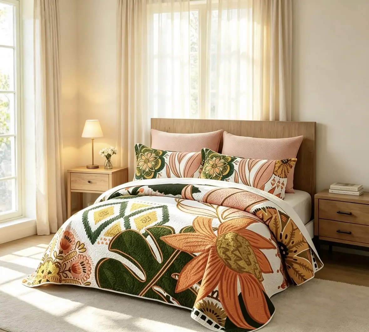 Boho-Floral Quilted Thin Quilt Set with 2 Pillow Shams, Farmhouse Mid-Century Leaf-Print Reversible Lightweight Coverlet, Upgraded Soft Skin-Friendly Fade-Resistant All-Season Bedding Home Decor