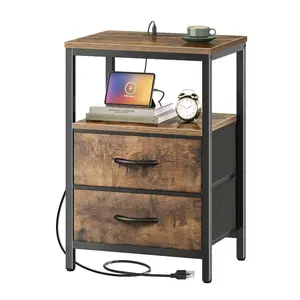 Multi-Function Bedside Table with Fast Charging Station & 2 Fabric Drawers - Adjustable Storage Side Table for Bedroom, Living Room, Small Spaces, 66 lb Load Capacity, Portable Nightstand