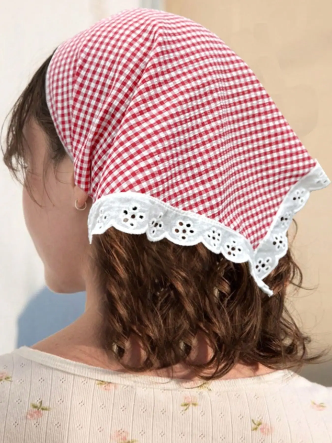 1pc Retro Plaid Bandana Scarf With Lace Edge, Cottagecore Hair Scarf Headband,Sweet Style For Women Hair Accessories Fall Headband Autumn Winter Head Bands Autumn Hair Band For Gifts For Vacation Outfits Woman Spring Summer Outfits Headscarf
