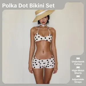 LikeMyChoice Coquette Polka Dot Bikini Set Halter Neck Cut-Out 3-Piece Swimsuit for Beachwear with Stylish Polka Dot Design & Adjustable Straps casual fashion chic tie bathing suit swimsuits bikinis
