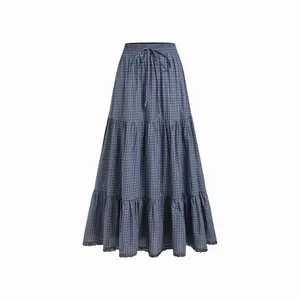Cider 100% Cotton Mid Rise Plaid Lace Trim Drawstring Tiered Maxi Skirt