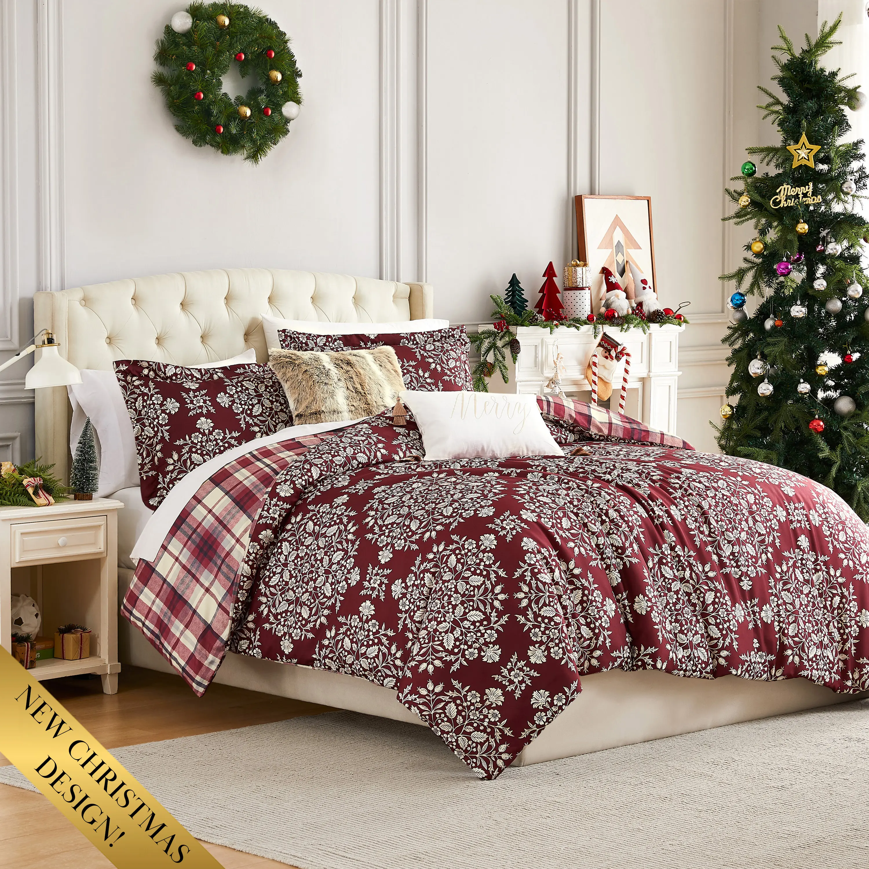5-Piece Ultra-Soft Microfibre Christmas Carol Comforter Bedding Set - Down Alternative Filling, All-Seasons Linens, Machine Washable, for Full/Queen, King, Double Holiday Bedroom Decor