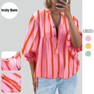 Imily Bela Womens Puff Sleeve Babydoll Tops Summer V Neck Striped Blouse Cute Casual Loose Fit Flowy Shirts