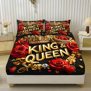 King & Queen Royal Crown Bedding Set, Rose Print Sheets & Pillowcases, Luxury Bedroom Decor, Soft and Comfortable