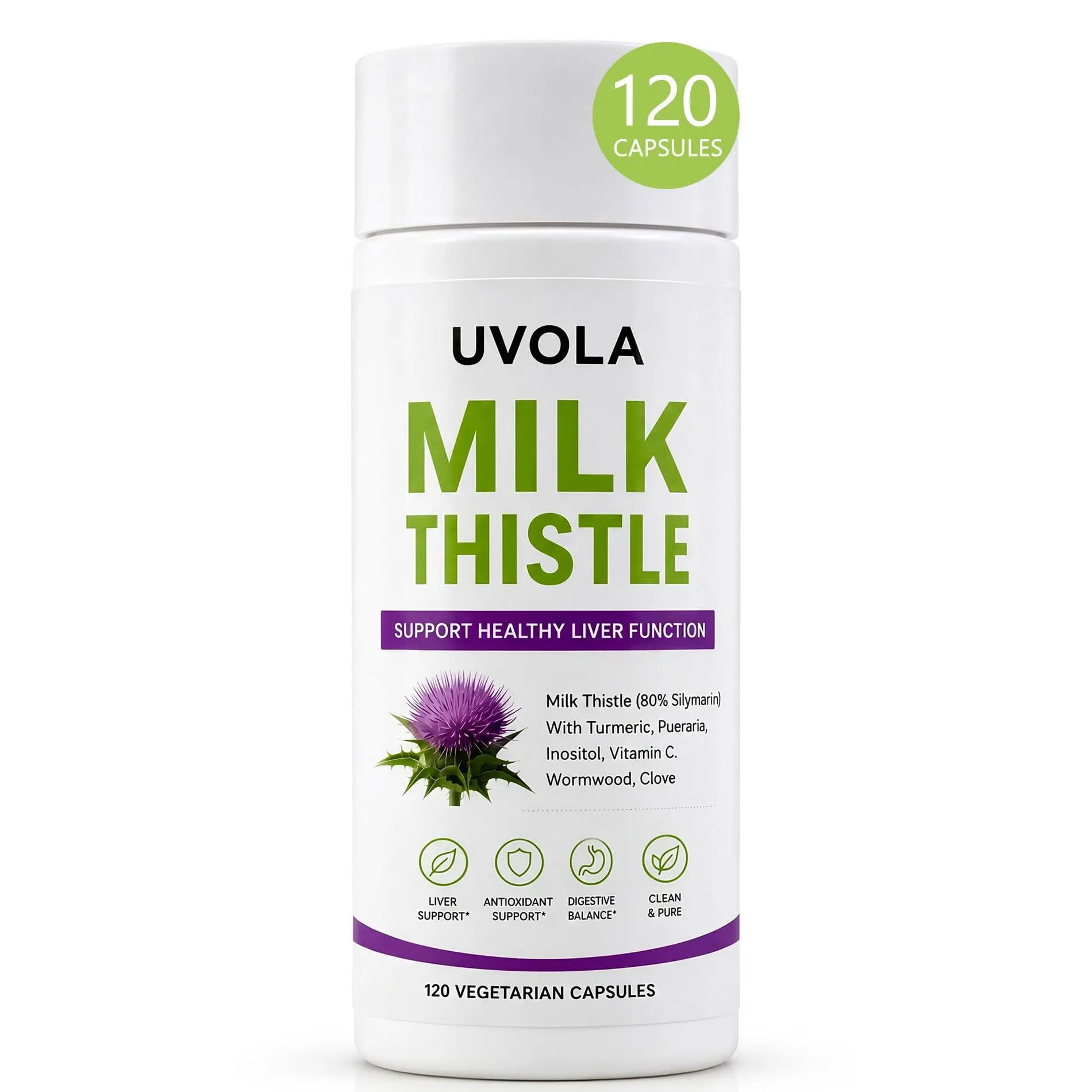 Milk Thistle Liver Support Supplement with 80% Silymarin, Inositol, Turmeric, Clove, Vitamin C and L-Methionine, Digestive and Antioxidant Support, 120 Capsules