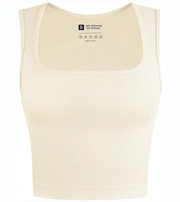 Women's Ribbed Seamless Crop Tank Top, Casual Square Neck Nylon Sleeveless Top with Tapered Straps, High Elasticity Waistband for Flattering Fit