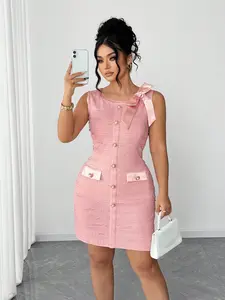 Plus Size Midi Dress, Casual Loose-Fitting Patchwork Design, Round Neck Sleeveless, Rhinestone Buttons, Bow and Pocket Trim