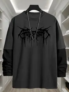 Gothic Text Halloween Geometric Element Loose Long Sleeve Round Neck Graphic T-Shirt, Fashion Street Casual Style, Comfortable Trendy Top Gift, Classic