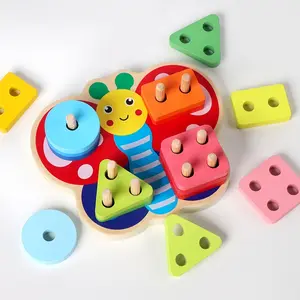 Montessori Wooden Butterfly Four Column Puzzle Toy Set, Shape Sorter, Geometric Shape Matching Blocks, Hand-Eye Coordination Training, Preschool Education