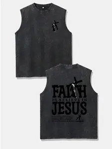 Men'S "Faith is Believe in Jesus" 210g Vintage Washed Cotton Sleeveless Tank Top - Double-Sided Print, Loose Fit, Casual Summer Tee with Graphic Design, Ideal for Daily Wear or Giftin