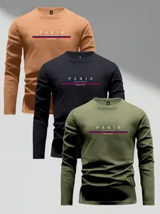 3 Pack Men's Spring & Fall Lightweight Letter Paris Print Long Sleeve T-Shirt Base Layer Fashion Casual Vacation Sports Outing Top Gift for Boyfriend or Husband Commuting Work Fishing Basketball Camping Gym Holiday Wear
