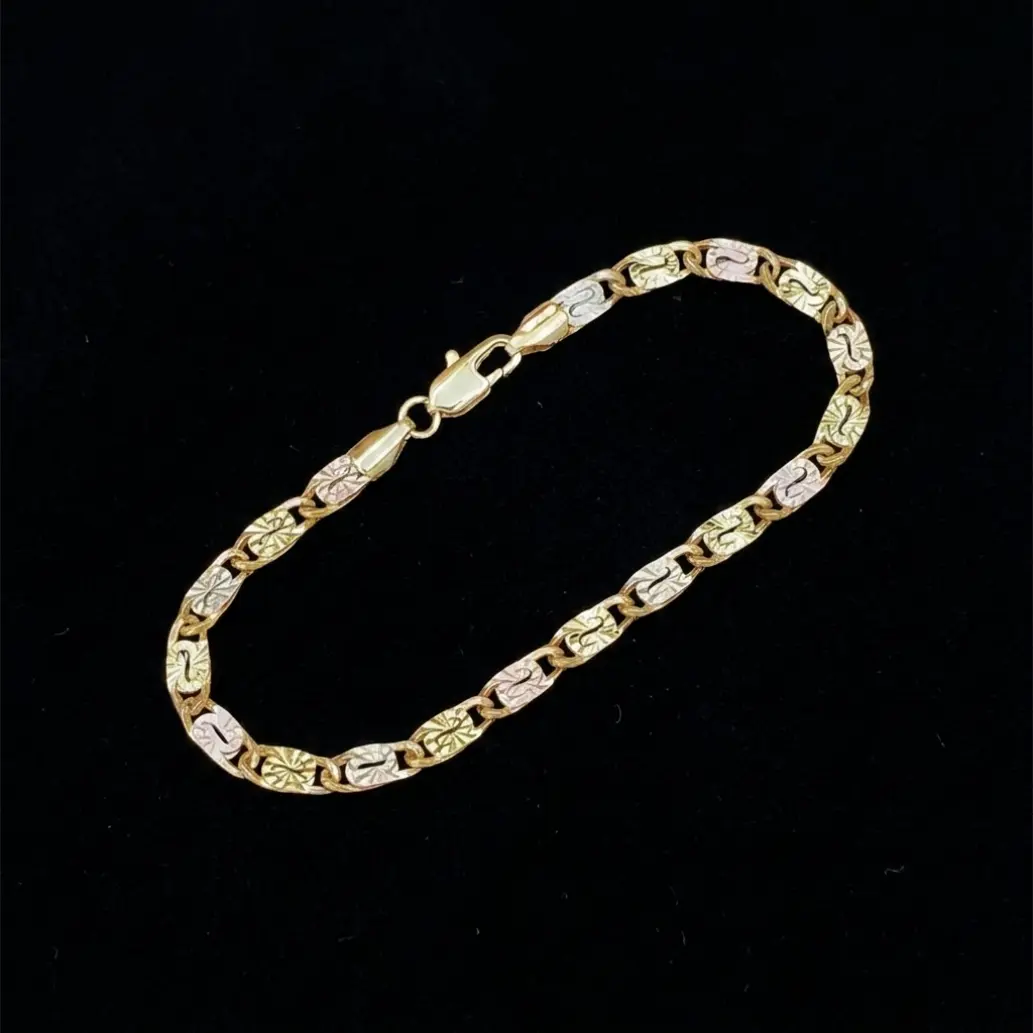 1PCS 14K Gold Tri-Color Mariner Link Bracelet for Women – Polished Floral Engraved Three Tone Gold Chain Bracelet, Dainty Jewelry Gift for Her,summerwins